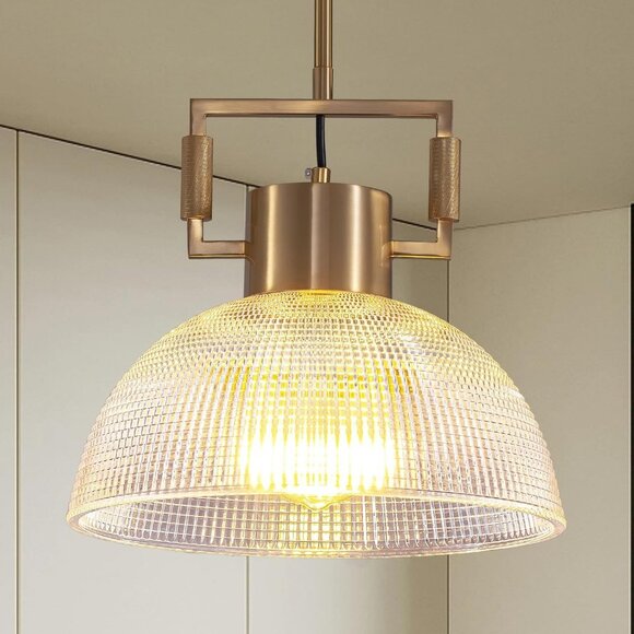 NEW 11.8" Gold Glass Pendant Light Modern Vintage Fluted Dome Shade - Picture 1 of 5